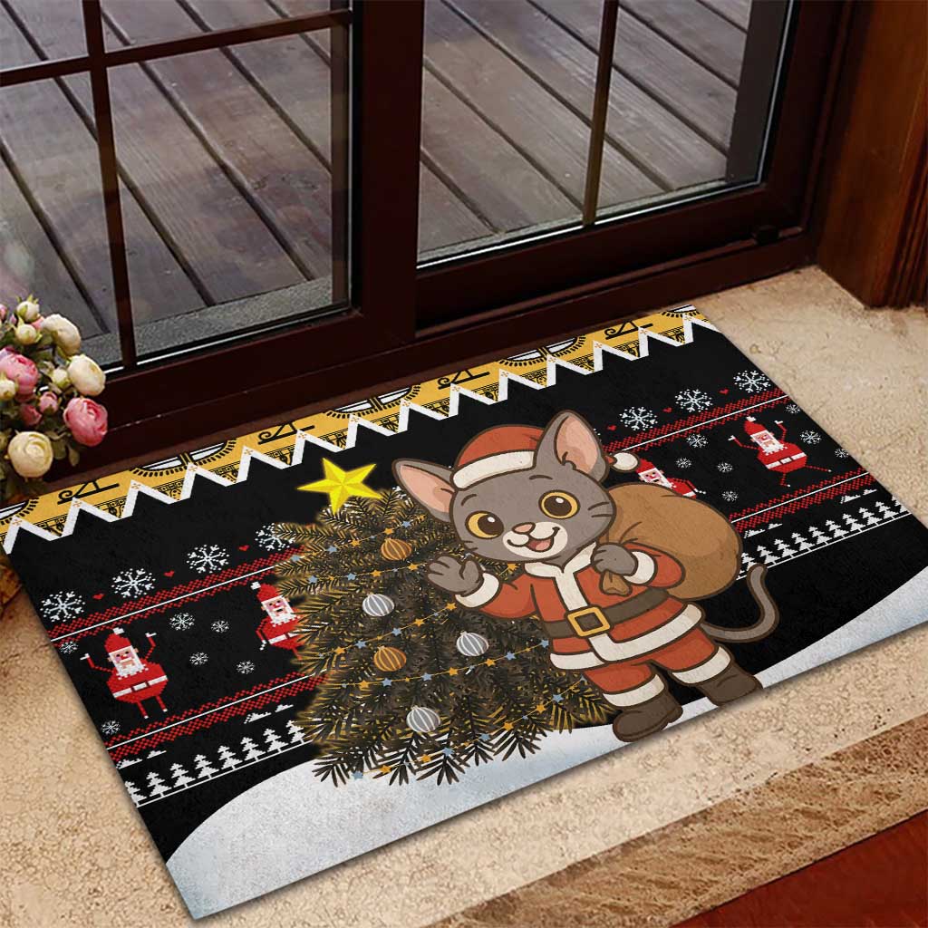 Egypt Christmas Rubber Doormat Santa Cat Sleigh Reindeer Christmas Tree and Ancient Hieroglyphic - African Pride
