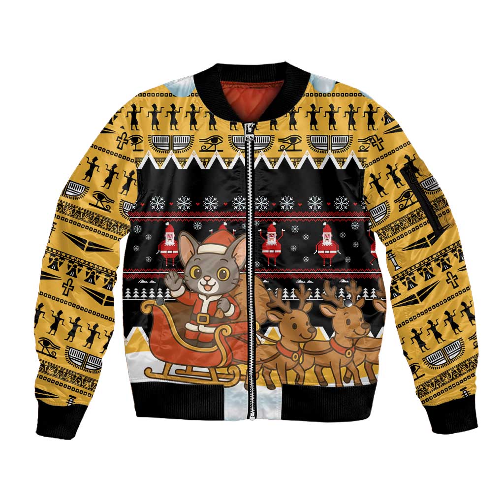 Egypt Christmas Sleeve Zip Bomber Jacket Santa Cat Sleigh Reindeer Christmas Tree and Ancient Hieroglyphic - African Pride