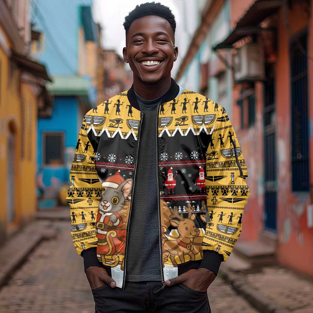 Egypt Christmas Sleeve Zip Bomber Jacket Santa Cat Sleigh Reindeer Christmas Tree and Ancient Hieroglyphic - African Pride