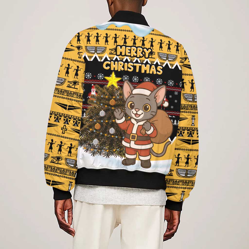 Egypt Christmas Sleeve Zip Bomber Jacket Santa Cat Sleigh Reindeer Christmas Tree and Ancient Hieroglyphic - African Pride