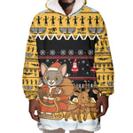 Egypt Christmas Wearable Blanket Hoodie Santa Cat Sleigh Reindeer Christmas Tree and Ancient Hieroglyphic - African Pride