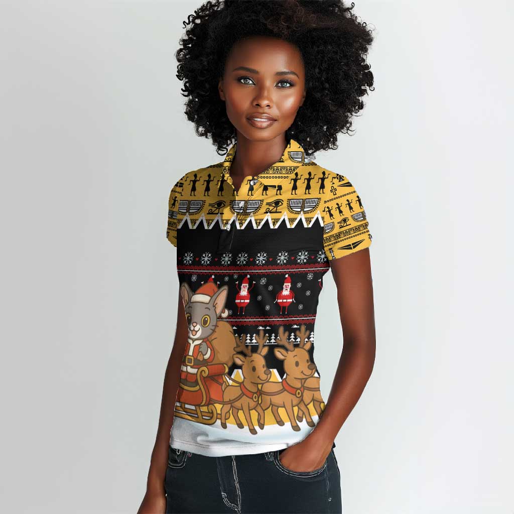 Egypt Christmas Women Polo Shirt Santa Cat Sleigh Reindeer Christmas Tree and Ancient Hieroglyphic - African Pride