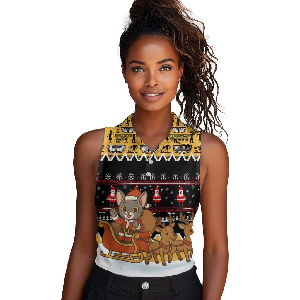 Egypt Christmas Women Sleeveless Polo Shirt Santa Cat Sleigh Reindeer Christmas Tree and Ancient Hieroglyphic - African Pride