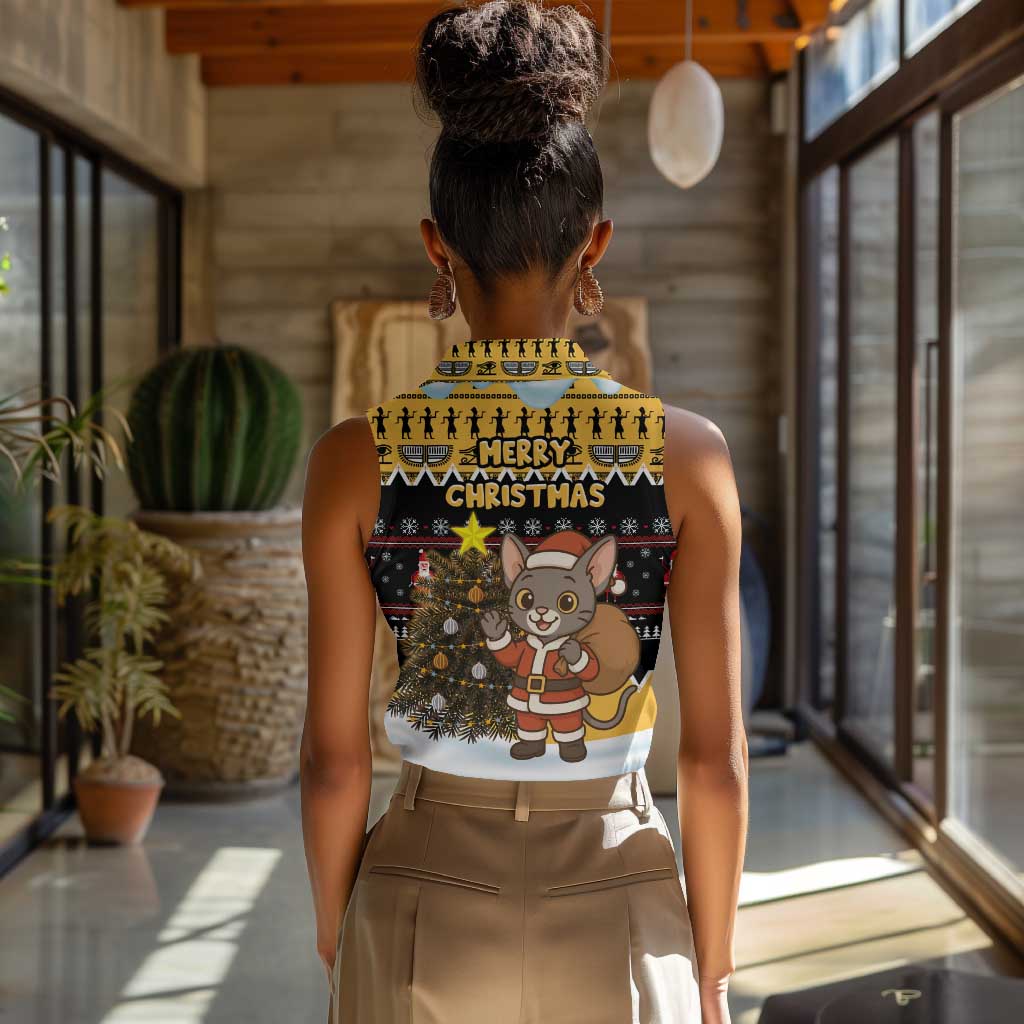 Egypt Christmas Women Sleeveless Polo Shirt Santa Cat Sleigh Reindeer Christmas Tree and Ancient Hieroglyphic - African Pride
