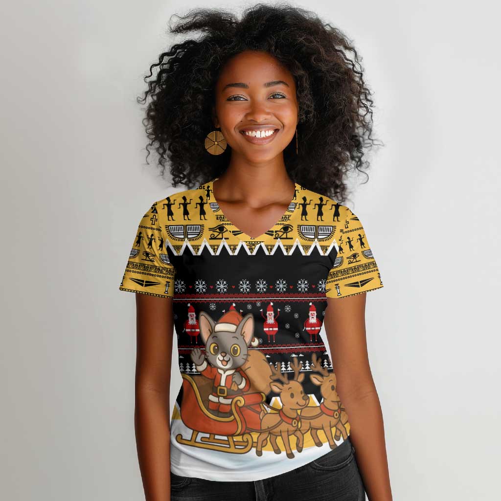 Egypt Christmas Women V-Neck T-Shirt Santa Cat Sleigh Reindeer Christmas Tree and Ancient Hieroglyphic - African Pride