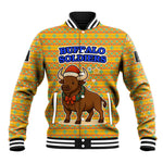 Buffalo Soldiers Christmas Baseball Jacket Yellow Cartoon Buffalo Santa Hat Design - African Pride