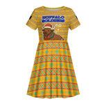 Buffalo Soldiers Christmas Kid Short Sleeve Dress Yellow Cartoon Buffalo Santa Hat Design - African Pride