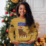 Buffalo Soldiers Christmas Ugly Christmas Sweater Yellow Cartoon Buffalo Santa Hat Design - African Pride