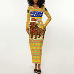 Buffalo Soldiers Christmas Long Sleeve Bodycon Dress Yellow Cartoon Buffalo Santa Hat Design - African Pride