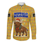 Buffalo Soldiers Christmas Long Sleeve Button Shirt Yellow Cartoon Buffalo Santa Hat Design - African Pride