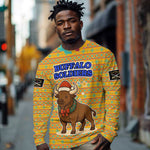 Buffalo Soldiers Christmas Long Sleeve Shirt Yellow Cartoon Buffalo Santa Hat Design - African Pride