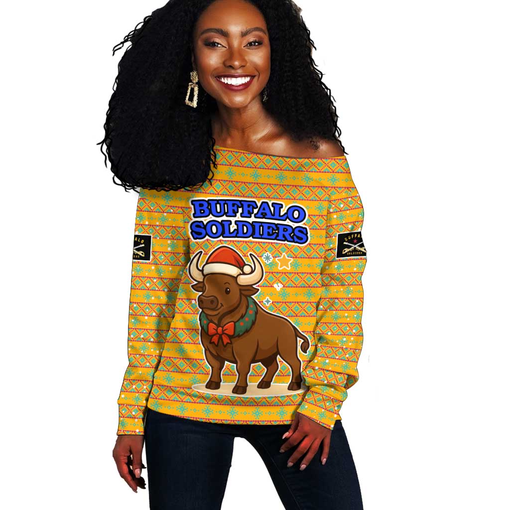 Buffalo Soldiers Christmas Off Shoulder Sweater Yellow Cartoon Buffalo Santa Hat Design - African Pride