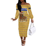 Buffalo Soldiers Christmas Off The Shoulder Long Sleeve Dress Yellow Cartoon Buffalo Santa Hat Design - African Pride