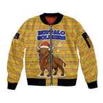 Buffalo Soldiers Christmas Sleeve Zip Bomber Jacket Yellow Cartoon Buffalo Santa Hat Design - African Pride