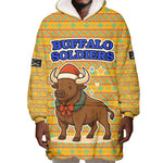 Buffalo Soldiers Christmas Wearable Blanket Hoodie Yellow Cartoon Buffalo Santa Hat Design - African Pride