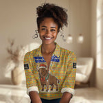 Buffalo Soldiers Christmas Women Casual Shirt Yellow Cartoon Buffalo Santa Hat Design - African Pride