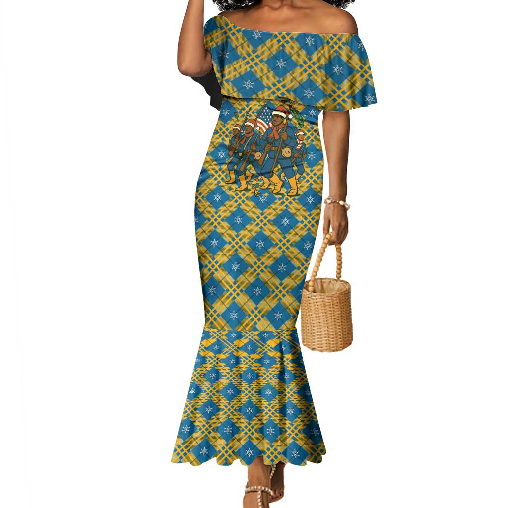 african mermaid dress designs Buffalo Soldiers Christmas Mermaid Dress Blue Yellow Plaid Parade  Illustration Design by African Pride