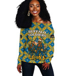 Buffalo Soldiers Christmas Off Shoulder Sweater Blue Yellow Plaid Parade Illustration Design - African Pride