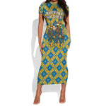 Buffalo Soldiers Christmas Short Sleeve Bodycon Dress Blue Yellow Plaid Parade Illustration Design - African Pride