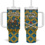 Buffalo Soldiers Christmas Tumbler With Handle Blue Yellow Plaid Parade Illustration Design - African Pride