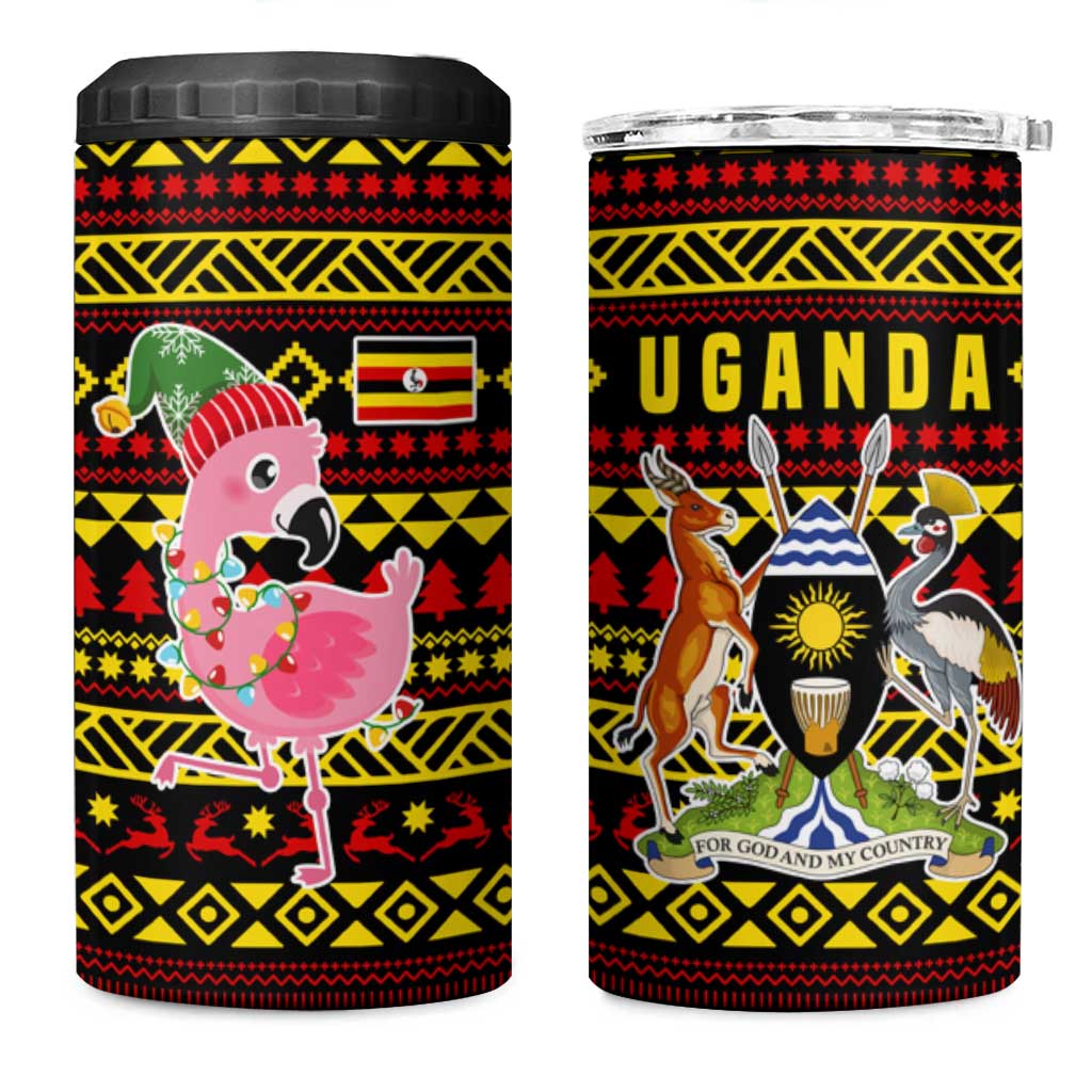 Uganda Christmas 4 in 1 Can Cooler Tumbler Flamingo Lights Uganda Flag and Black Red Yellow - African Pride