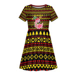 Uganda Christmas Kid Short Sleeve Dress Flamingo Lights Uganda Flag and Black Red Yellow - African Pride