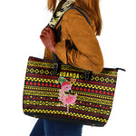 Uganda Christmas Leather Tote Bag Flamingo Lights Uganda Flag and Black Red Yellow - African Pride