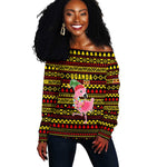 Uganda Christmas Off Shoulder Sweater Flamingo Lights Uganda Flag and Black Red Yellow - African Pride