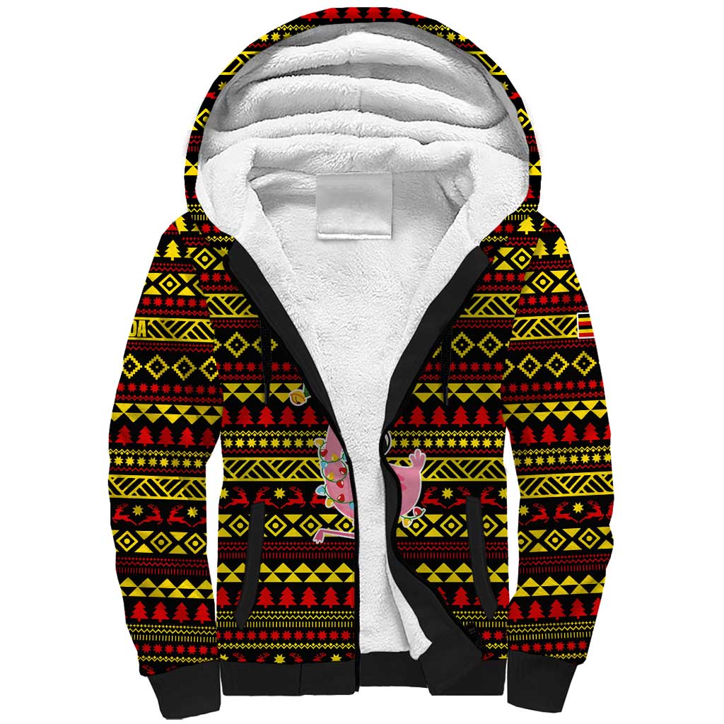 Uganda Christmas Sherpa Hoodie Flamingo Lights Uganda Flag and Black Red Yellow - African Pride