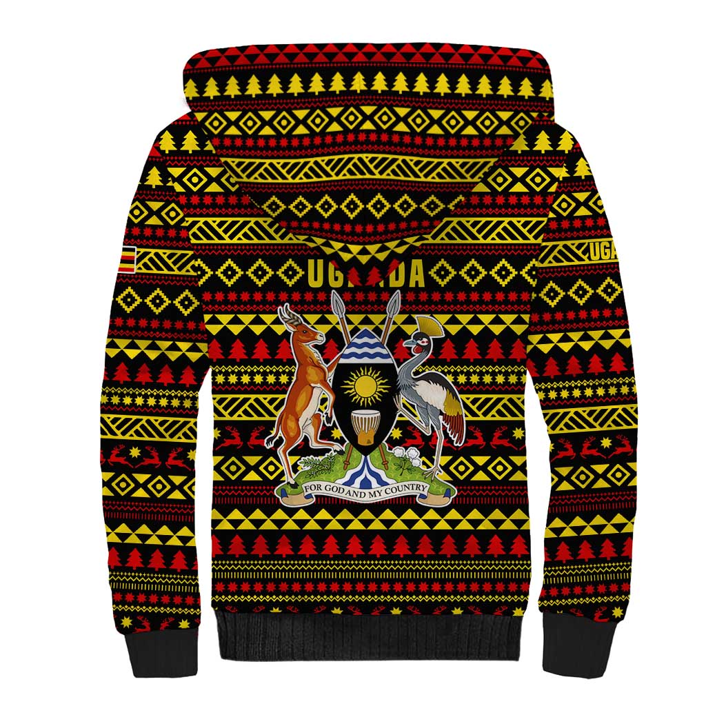 Uganda Christmas Sherpa Hoodie Flamingo Lights Uganda Flag and Black Red Yellow - African Pride