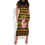 Uganda Christmas Short Sleeve Bodycon Dress Flamingo Lights Uganda Flag and Black Red Yellow - African Pride