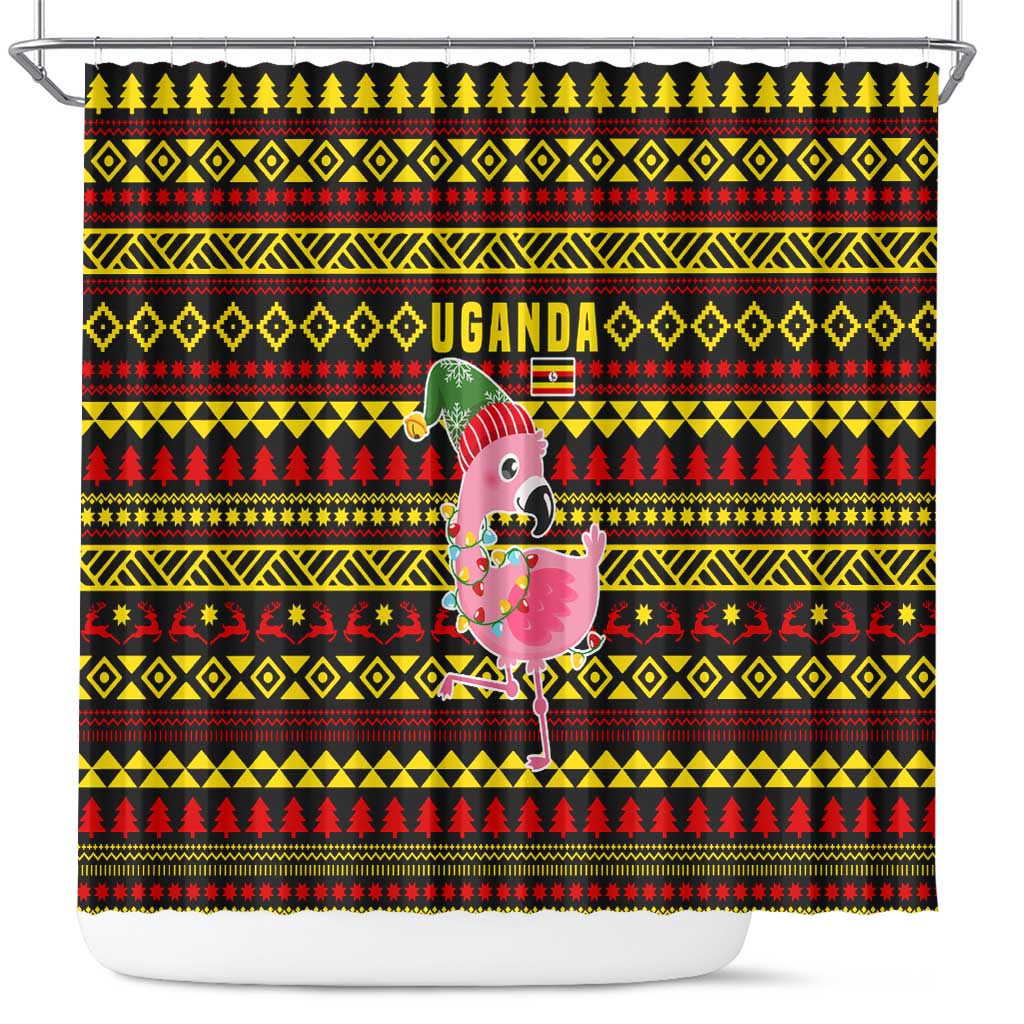 Uganda Christmas Shower Curtain Flamingo Lights Uganda Flag and Black Red Yellow - African Pride