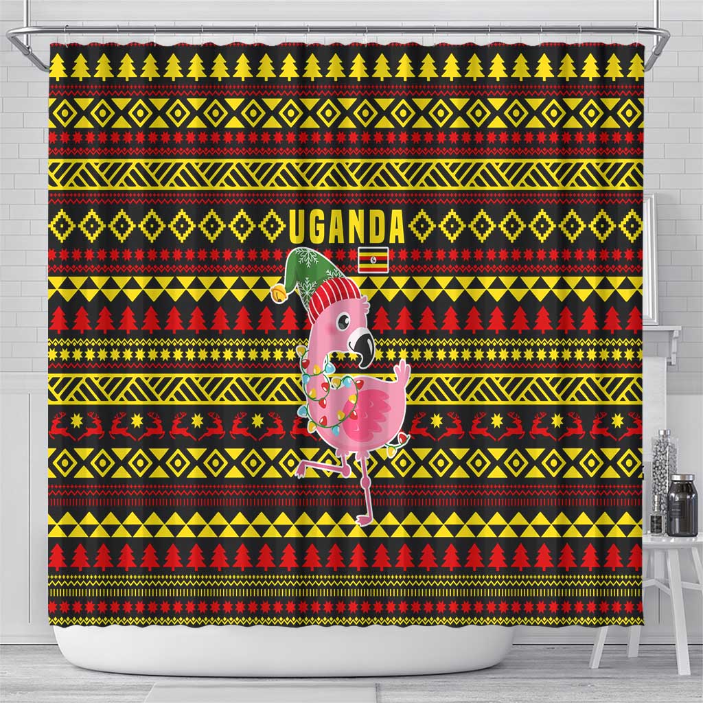 Uganda Christmas Shower Curtain Flamingo Lights Uganda Flag and Black Red Yellow - African Pride