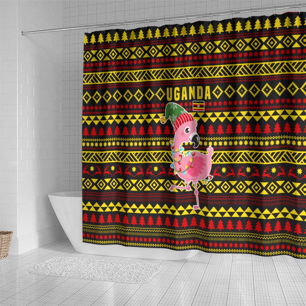 Uganda Christmas Shower Curtain Flamingo Lights Uganda Flag and Black Red Yellow - African Pride