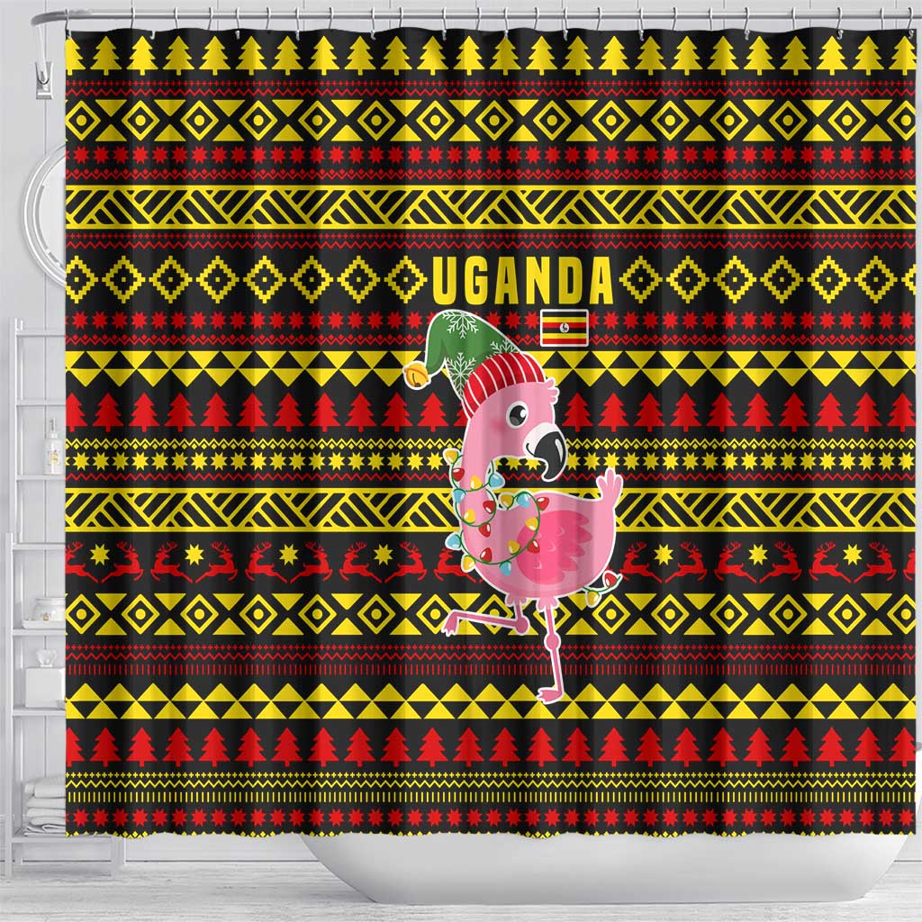 Uganda Christmas Shower Curtain Flamingo Lights Uganda Flag and Black Red Yellow - African Pride