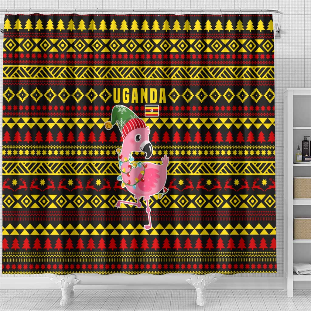 Uganda Christmas Shower Curtain Flamingo Lights Uganda Flag and Black Red Yellow - African Pride