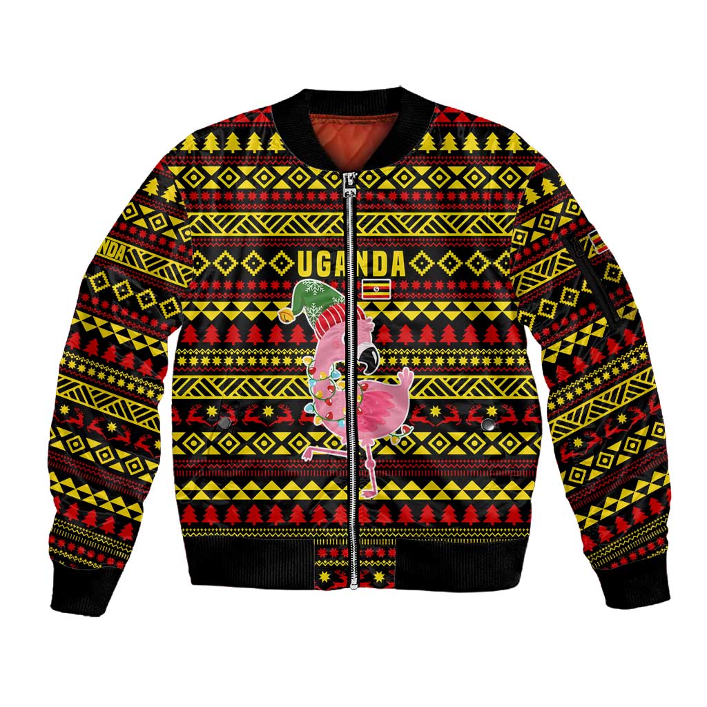Uganda Christmas Sleeve Zip Bomber Jacket Flamingo Lights Uganda Flag and Black Red Yellow - African Pride