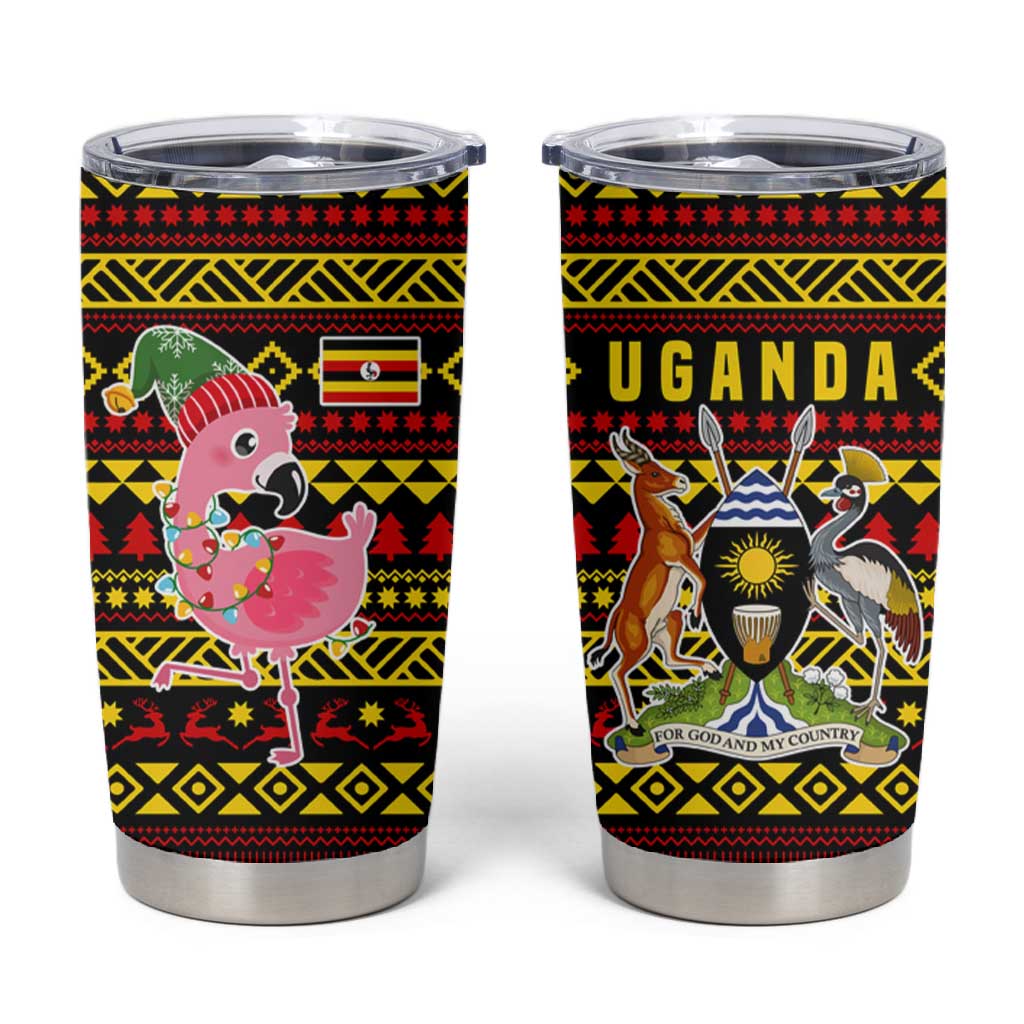 Uganda Christmas Tumbler Cup Flamingo Lights Uganda Flag and Black Red Yellow - African Pride