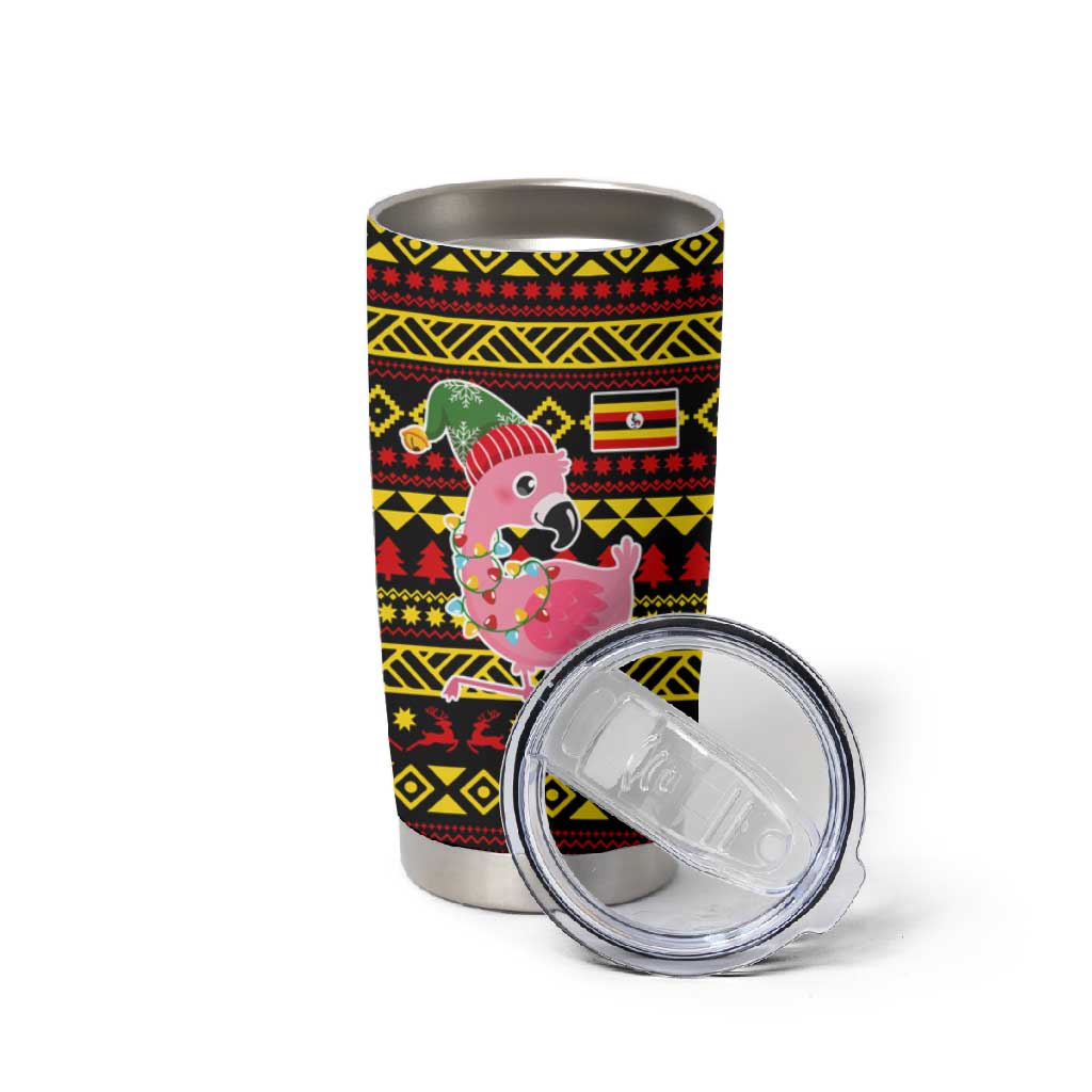 Uganda Christmas Tumbler Cup Flamingo Lights Uganda Flag and Black Red Yellow - African Pride
