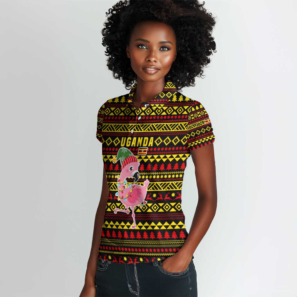 Uganda Christmas Women Polo Shirt Flamingo Lights Uganda Flag and Black Red Yellow - African Pride