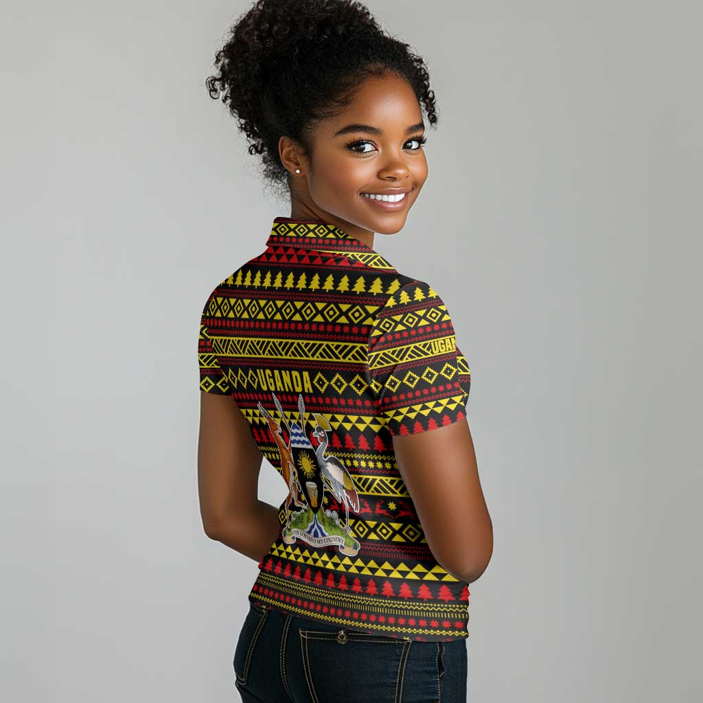Uganda Christmas Women Polo Shirt Flamingo Lights Uganda Flag and Black Red Yellow - African Pride