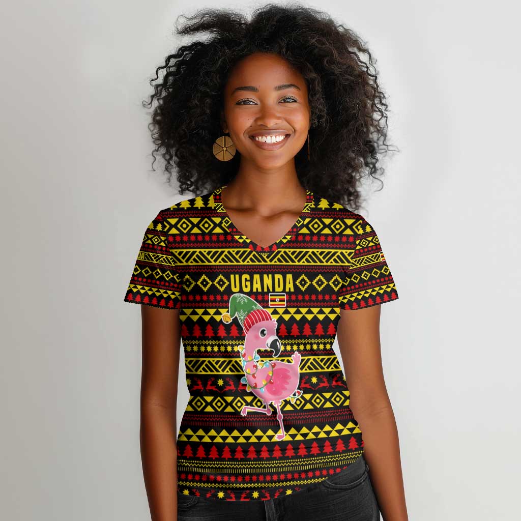 Uganda Christmas Women V-Neck T-Shirt Flamingo Lights Uganda Flag and Black Red Yellow - African Pride