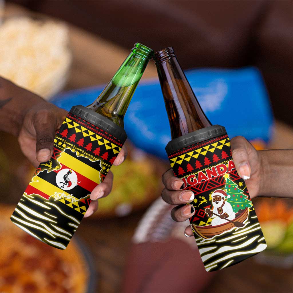 Uganda Christmas 4 in 1 Can Cooler Tumbler Santa in Canoe Christmas Tree Uganda Map Flag - African Pride