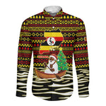 Uganda Christmas Long Sleeve Button Shirt Santa in Canoe Christmas Tree Uganda Map Flag - African Pride