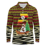 Uganda Christmas Long Sleeve Polo Shirt Santa in Canoe Christmas Tree Uganda Map Flag - African Pride