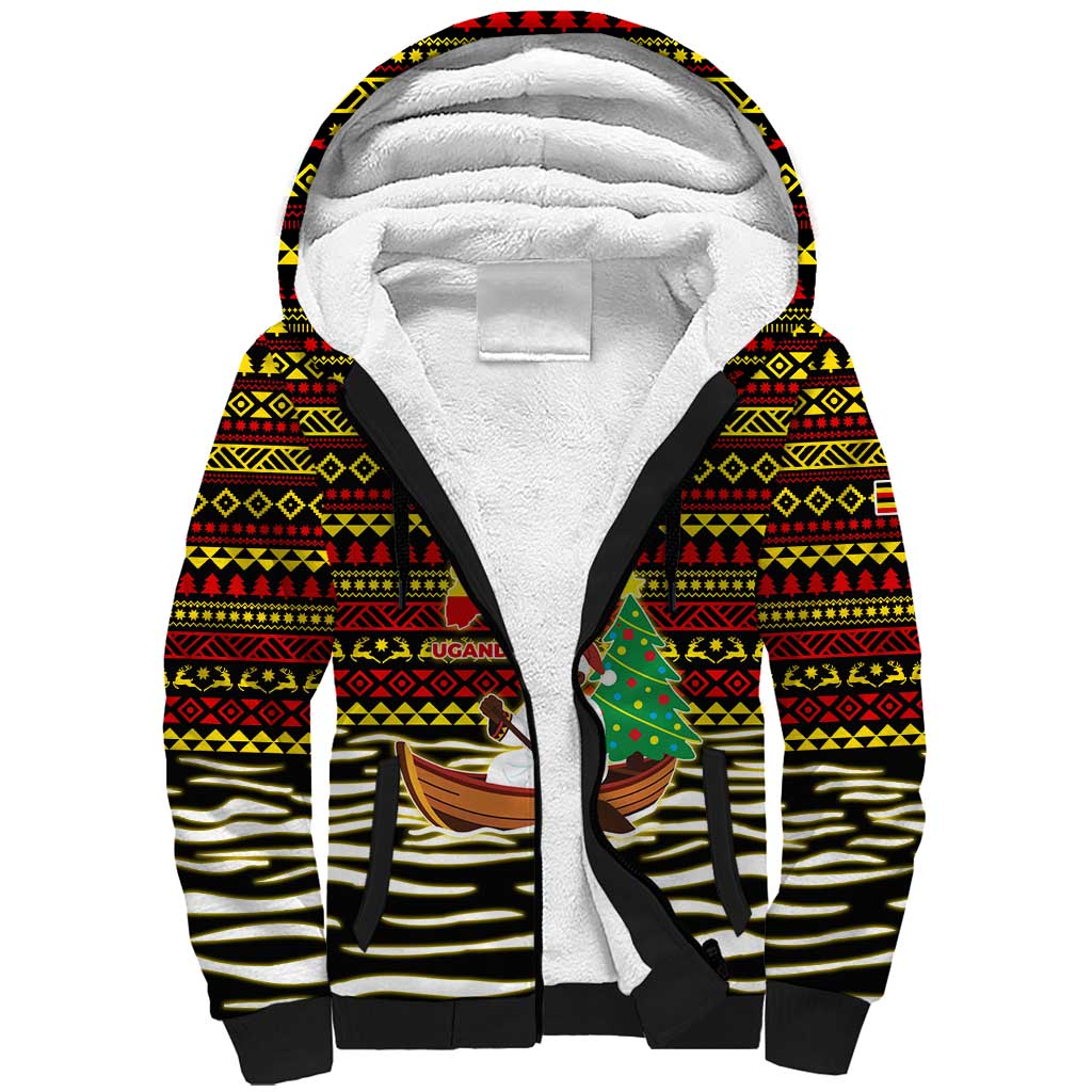 Uganda Christmas Sherpa Hoodie Santa in Canoe Christmas Tree Uganda Map Flag - African Pride