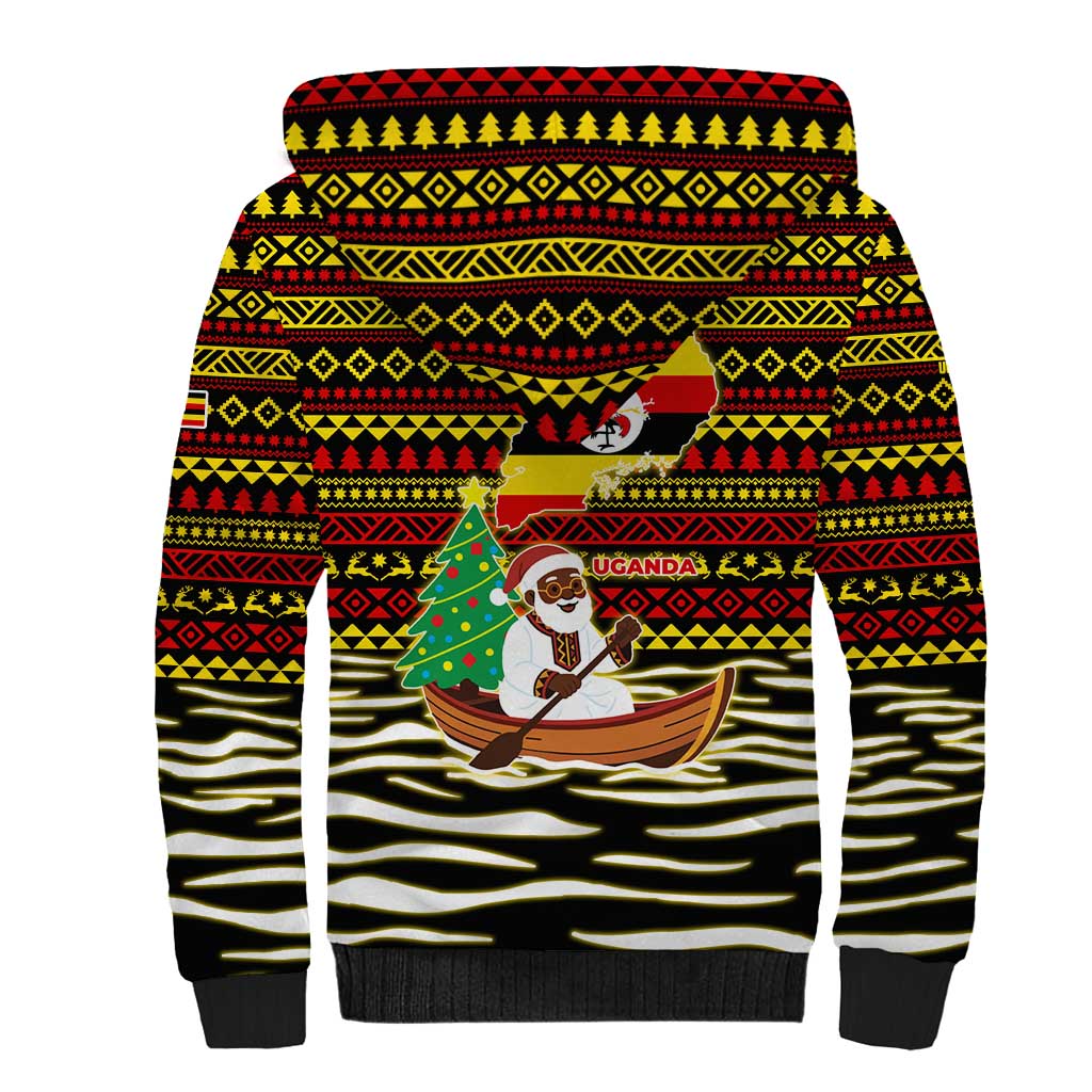 Uganda Christmas Sherpa Hoodie Santa in Canoe Christmas Tree Uganda Map Flag - African Pride