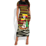 Uganda Christmas Short Sleeve Bodycon Dress Santa in Canoe Christmas Tree Uganda Map Flag - African Pride