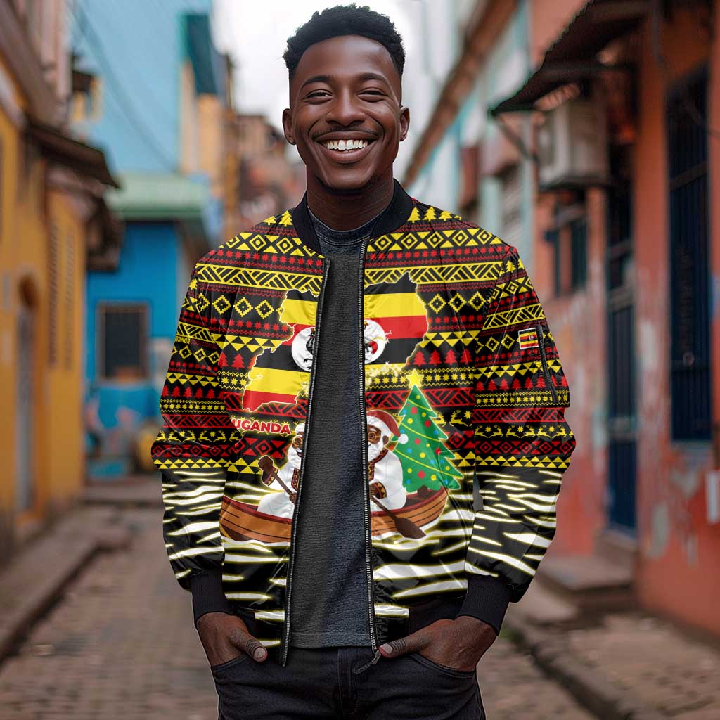 Uganda Christmas Sleeve Zip Bomber Jacket Santa in Canoe Christmas Tree Uganda Map Flag - African Pride