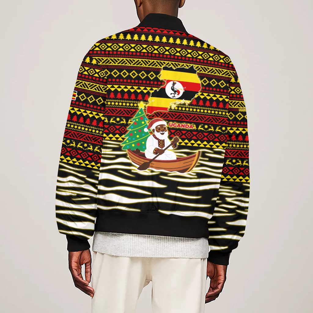 Uganda Christmas Sleeve Zip Bomber Jacket Santa in Canoe Christmas Tree Uganda Map Flag - African Pride